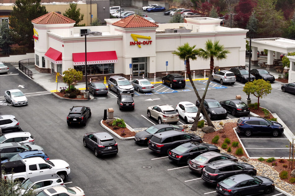 An aerial view of an In-N-Out Burger restaurant on July 21, 2025, in Daly City, California.