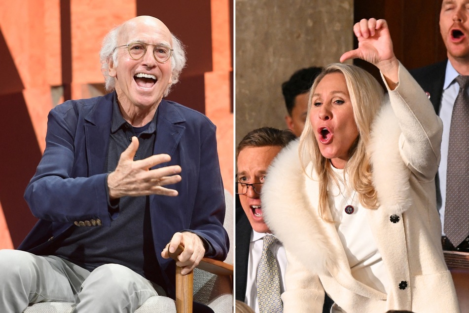 Marjorie Taylor Greene reacted to a recent episode of Larry David's (l.) show Curb Your Enthusiasm for being critical of Georgia voting laws and the MAGA movement.