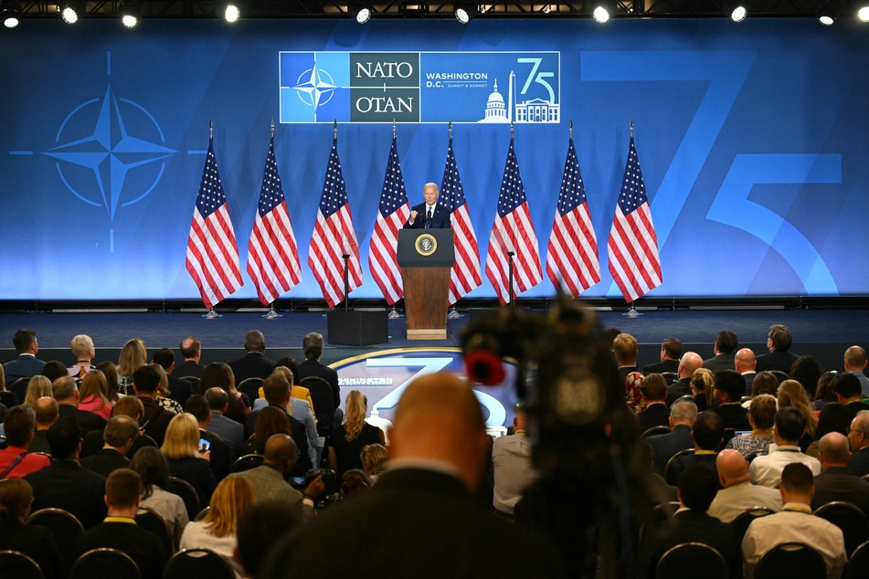 President Joe Biden speaks during a press conference at the close of the 75th NATO Summit at the Walter E. Washington Convention Center in Washington, DC on Thursday.