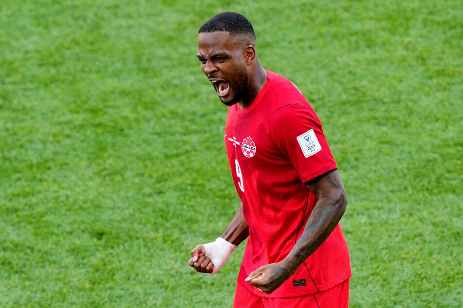 Canada's Cyle Larin celebrates scoring their first World Cup goal against Bosnia and Herzegovina on June 12, 2026.