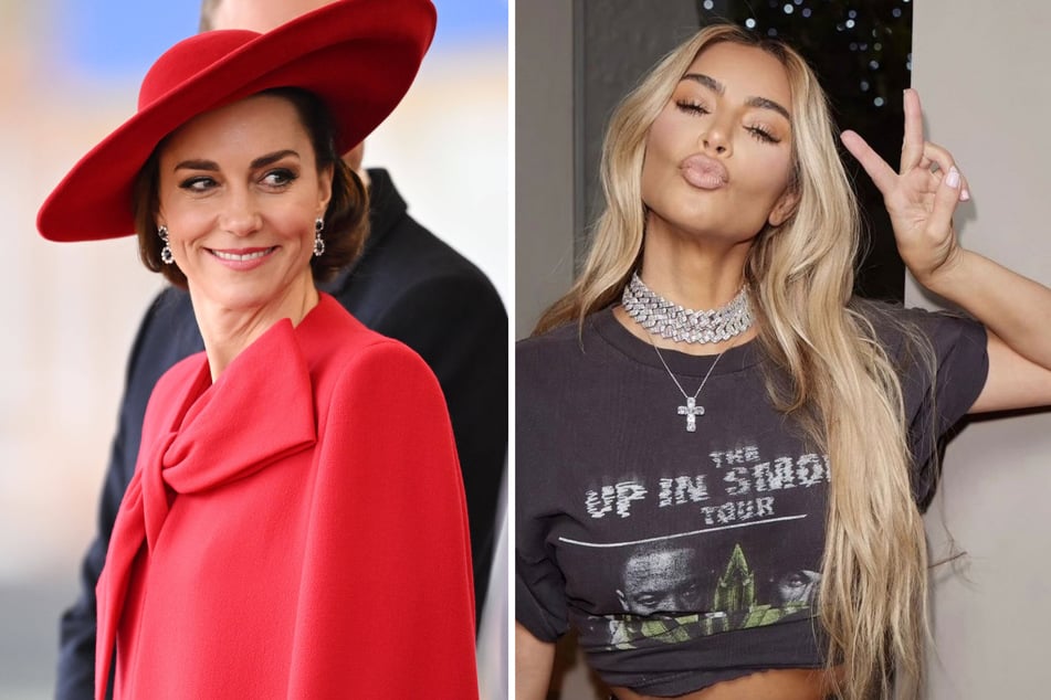 Kim Kardashian (r.) joked she was "on her way" to solve the mystery behind Kate Middleton's disappearance from the public eye in a new social media post.