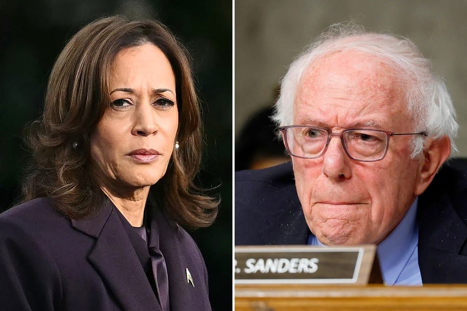 In a recent interview, Senator Bernie Sanders (r.) criticized Kamala Harris' (l.) 2024 presidential campaign for being "heavily" influenced by wealthy people.