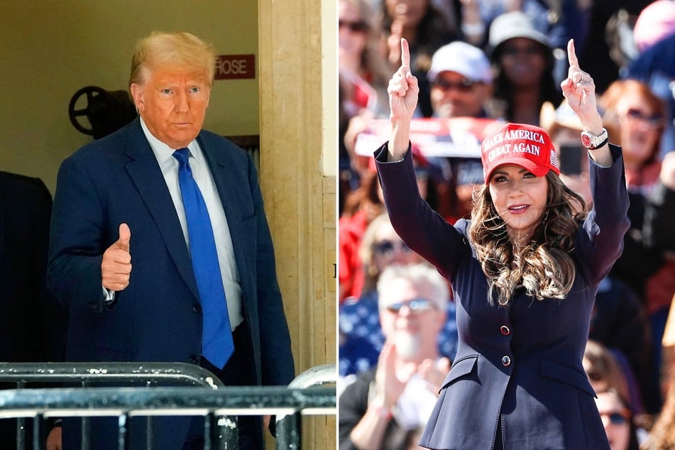 South Dakota Governor Kristi Noem (r.) recently said she would still vote for Donald Trump (l.) even if he is convicted of a crime ahead of the elections.