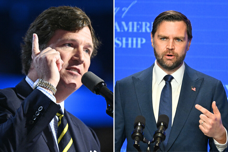 The son of political commentator Tucker Carlson (l) recently left his job working for Vice President JD Vance (r) as his father feuds with President Donald Trump.