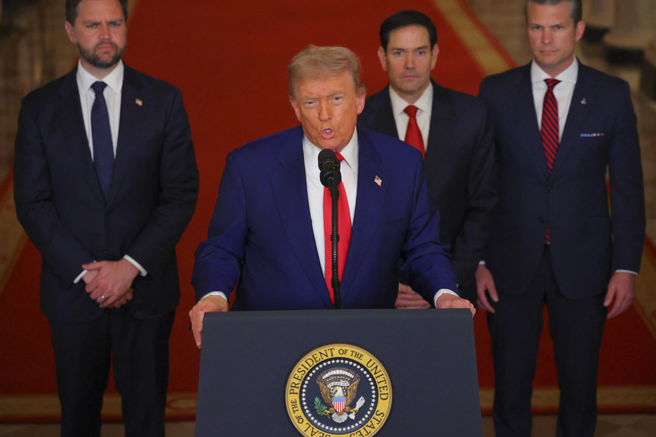 (L-R) Vice President JD Vance, President Donald Trump, Secretary of State Marco Rubio, and Secretary of Defense Pete Hegseth address the three Iranian nuclear facilities that were struck by the US military early Sunday.