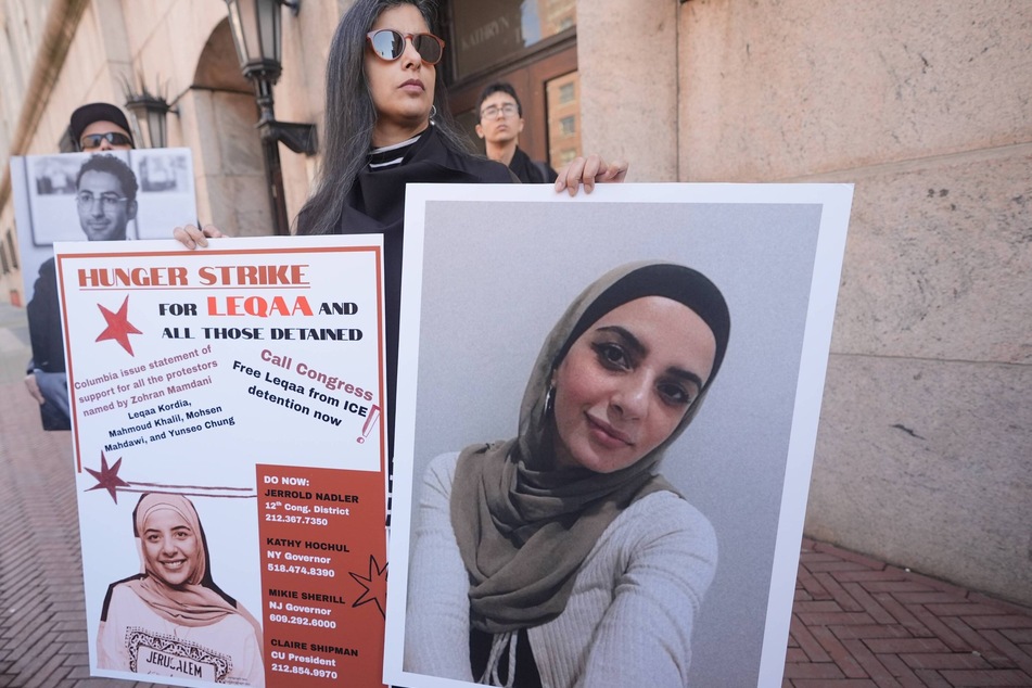 Columbia students, professors, and supporters hold signs as they announce the start of a hunger strike to demand the release of Leqaa Kordia on March 9, 2026.