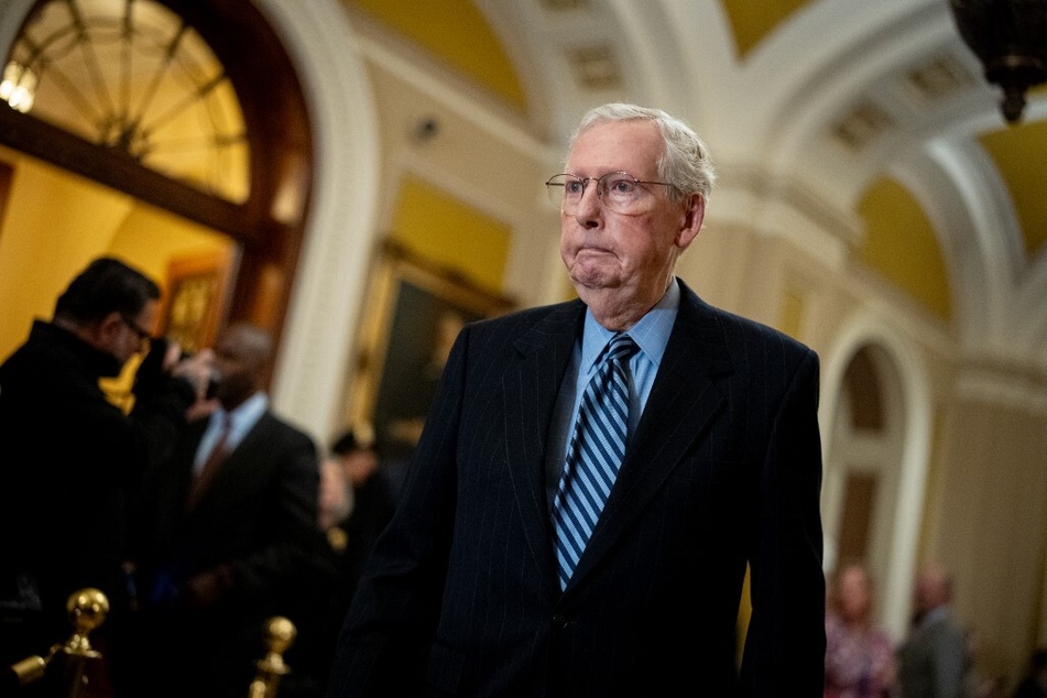 Senate Minority Leader Mitch McConnell fell at the Capitol after a Republican lunch meeting on Tuesday.
