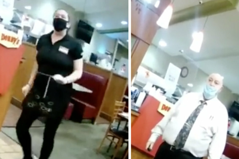 The waitress (l.) was ready to quit before the store manager intervened and asked the men to leave.