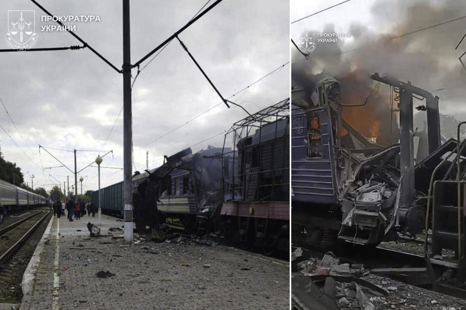 A train burns after being hit by a Russian drone strike at the railway station in Shostka, Sumy region, Ukraine, on October 4, 2025.