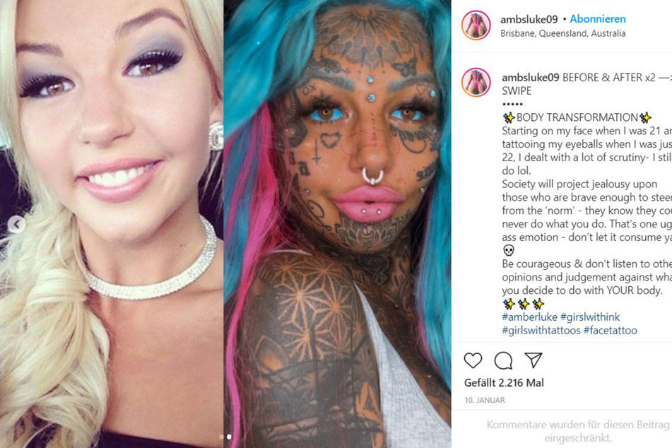 Left: Amber Luke before her body modifications. Right: Amber Luke as the Dragon Girl (collage).