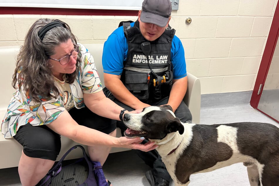 Carrie Woodruff is overjoyed to finally be able to hold Ruger the dog in her arms again.