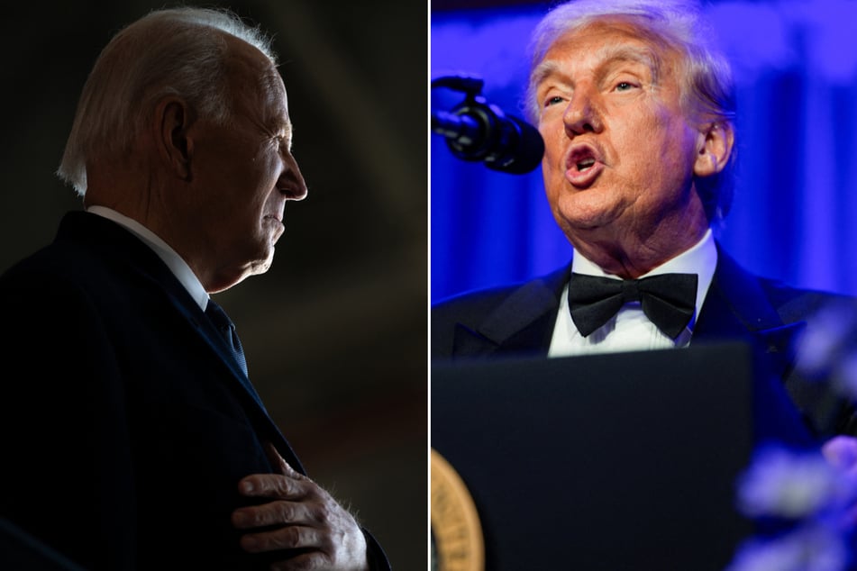 President Donald Trump (r.) blasted his predecessor Joe Biden, calling him "stupid" and "mean" in a wild rant at a black-tie dinner event.