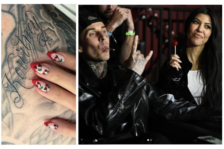 Kourtney debuted a photo of Travis' new ink reading "Kourtney" (l.). The couple has made their romance public since February (r.).