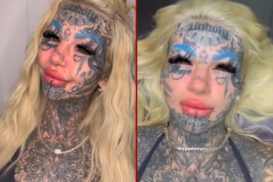 Amber Luke has tattooed her eyebrows a light blue.