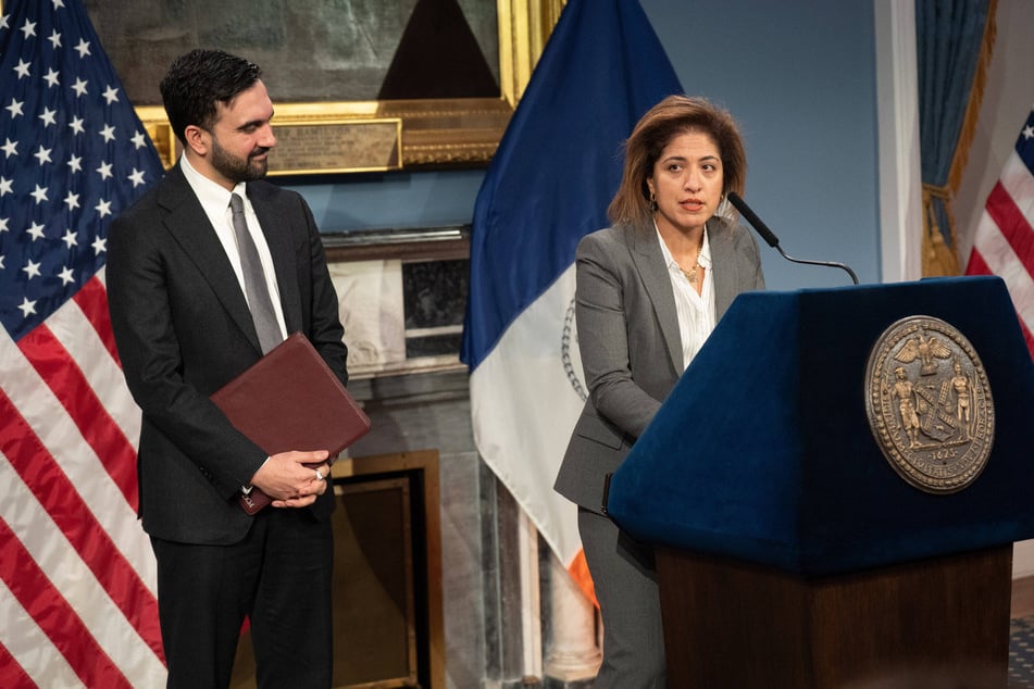 Nadia Shihata (r.) speaks after being nominated commissioner of the New York City Department of Investigation by Mayor Zohran Mamdani on February 12, 2026.