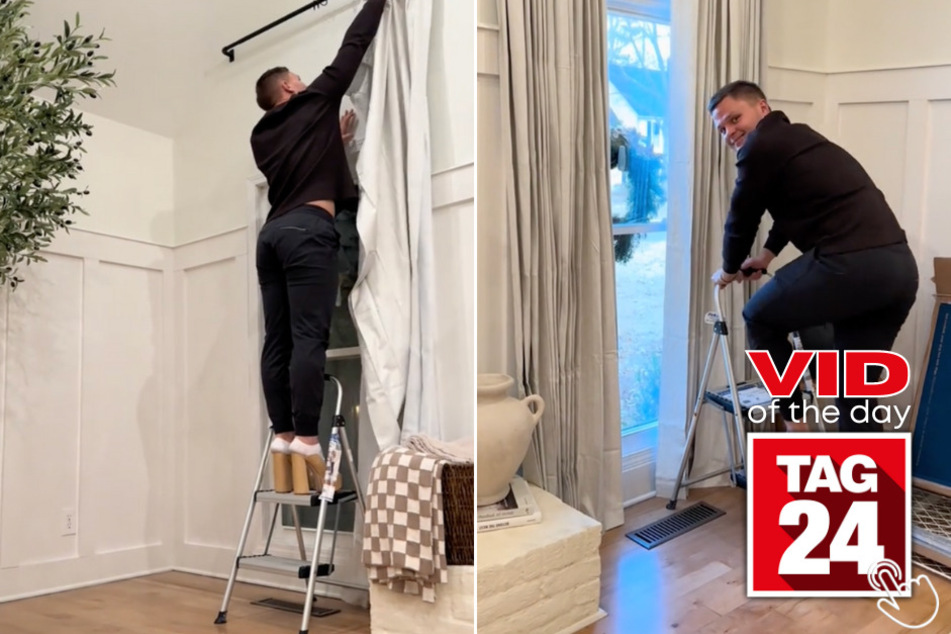 In today's Viral Video of the Day, a woman's fiancé takes drastic measures to hang a new pair of curtains!