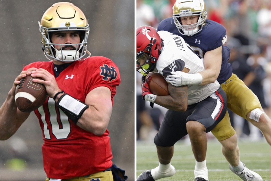 In Notre Dame's season opener, all eyes will be on quarterback Sam Hartman (l) and defensive man JD Bertrand (r).