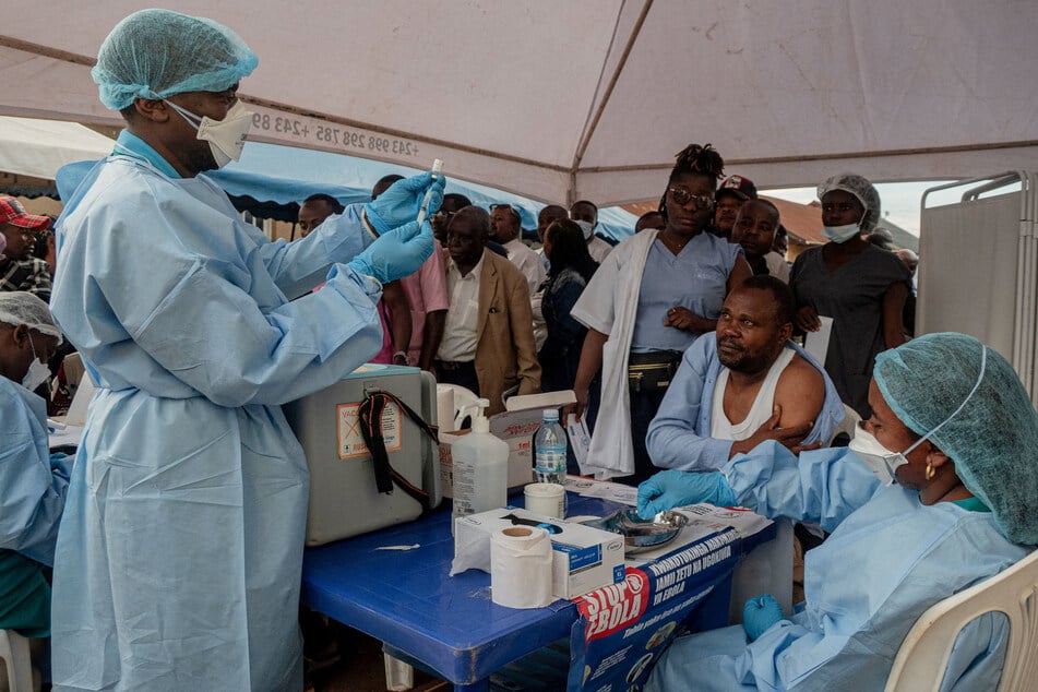 Health workers and humanitarian responders gather to receive an Ebola vaccination due to their potential exposure to the virus in the North Kivu Province of the Democratic Republic of the Congo on October 16, 2026.