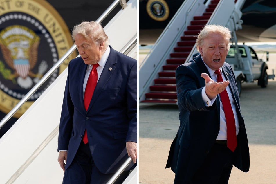 President Donald Trump speaks to reporters near the new Air Force One plane gifted by Qatar.
