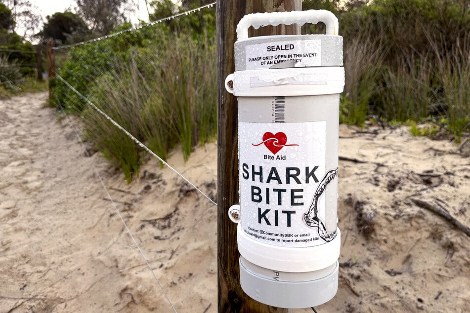 A recently installed shark bite kit attached to a fence on Narrawallee Beach in Mollymook, located south of Sydney, Australia. 