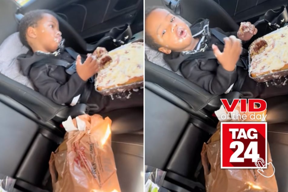 Viral Video of the Day for December 5, 2025: Toddler caught going rogue on giant cinnamon roll in backseat