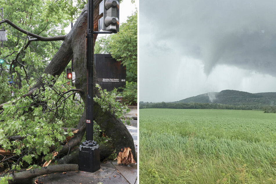 Washington DC (l.) and New York were lashed by strong storms, with winds reaching 80 miles per hour.