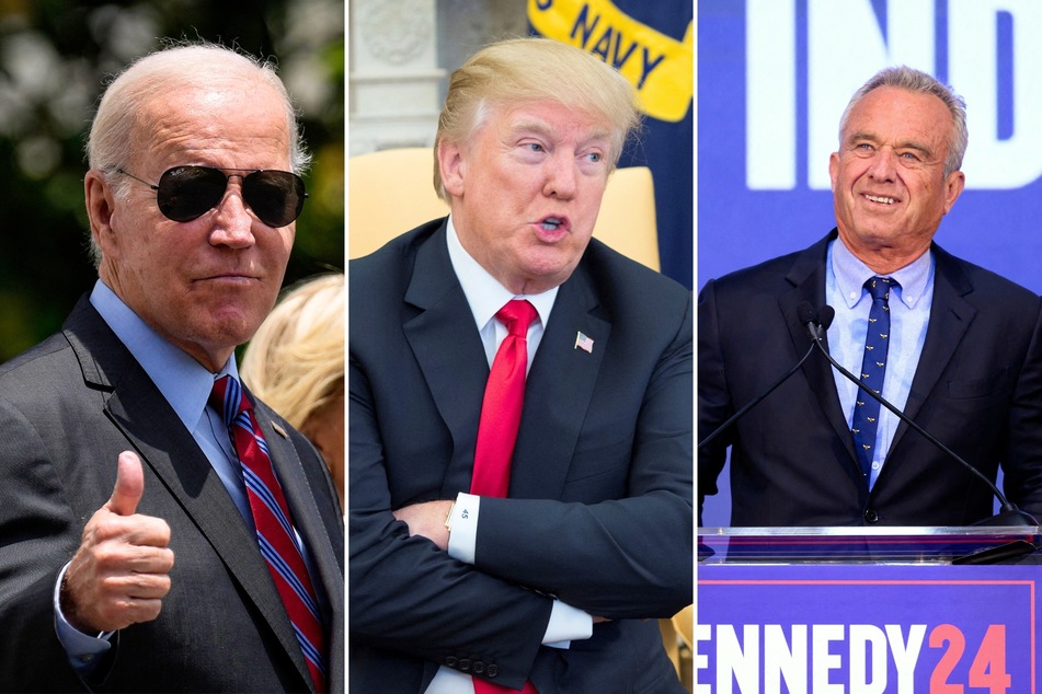 A recent poll revealed that when Robert F. Kennedy Jr. (r.) is placed on ballots, he draws more support from Donald Trump (c.) than President Joe Biden (l.)