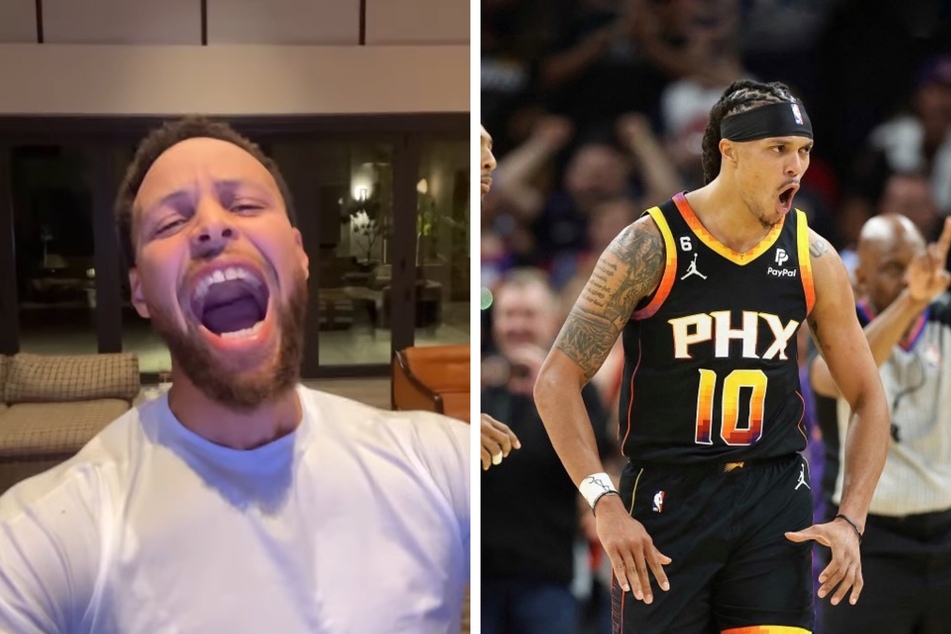 After Phoenix Suns player Damion Lee (r.) scored the game winning shot over the Dallas Mavericks, the Warriors' Stephen Curry celebrated with a happy outburst.