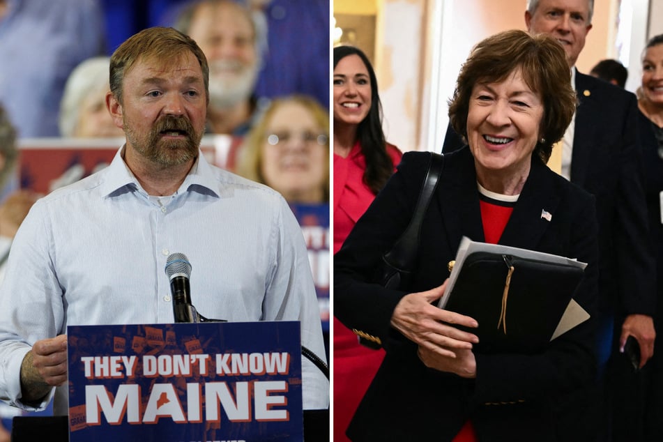 Maine Senate candidate Graham Platner (l.) is narrowly ahead of incumbent Republican Senator Susan Collins in the latest poll.