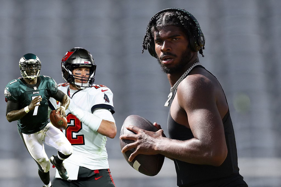 Shedeur Sanders (r), once a Heisman contender this season, has the internet going nuts after comparing himself to NFL legends Tom Brady and Michael Vick (l).