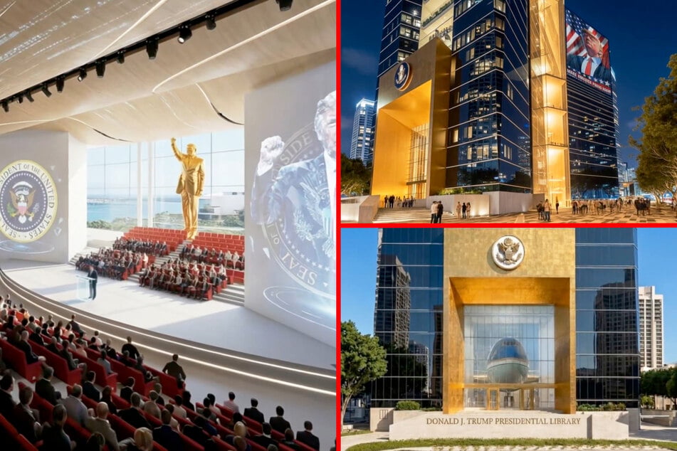 Trump unveils plans for golden presidential library featuring massive statue of him