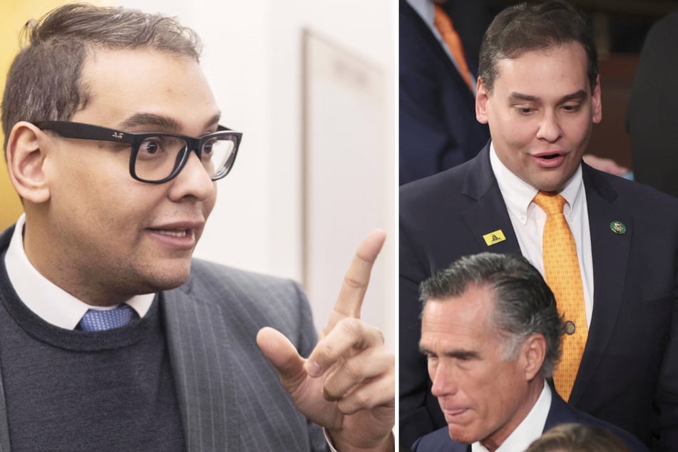 NY Representative George Santos reportedly thinks he could take Utah Senator Mitt Romney (r., bottom) in a cage match, thanks to his jiu-jitsu skills.