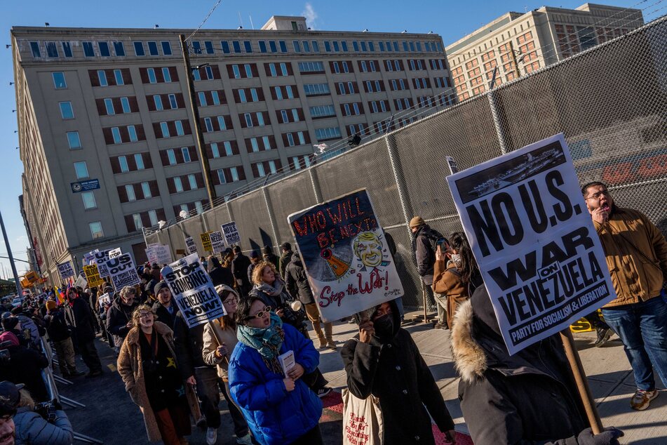 People protest against American intervention in Venezuela and for the release of Venezuelan President Nicolas Maduro outside the Metropolitan Detention Center in New York City on January 4, 2026.