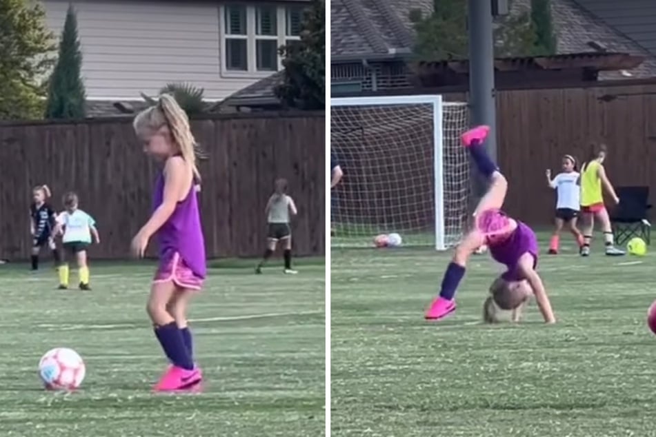 A young soccer player named Reagan has gone viral after performing amazing gymnastics tricks during soccer practice.