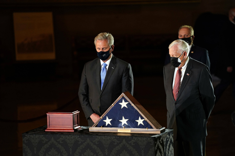 McCarthy and House Majority Leader Steny Hoyer paying their respects to the late Capitol Police officer Brian Sicknick, who died the day after the January 6 attack.