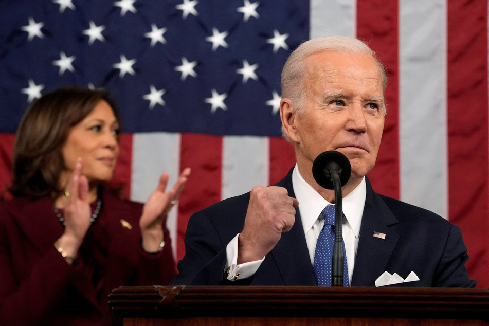 President Joe Biden delivers the State of the Union address to a joint session of Congress as Vice President Kamala Harris applauds.