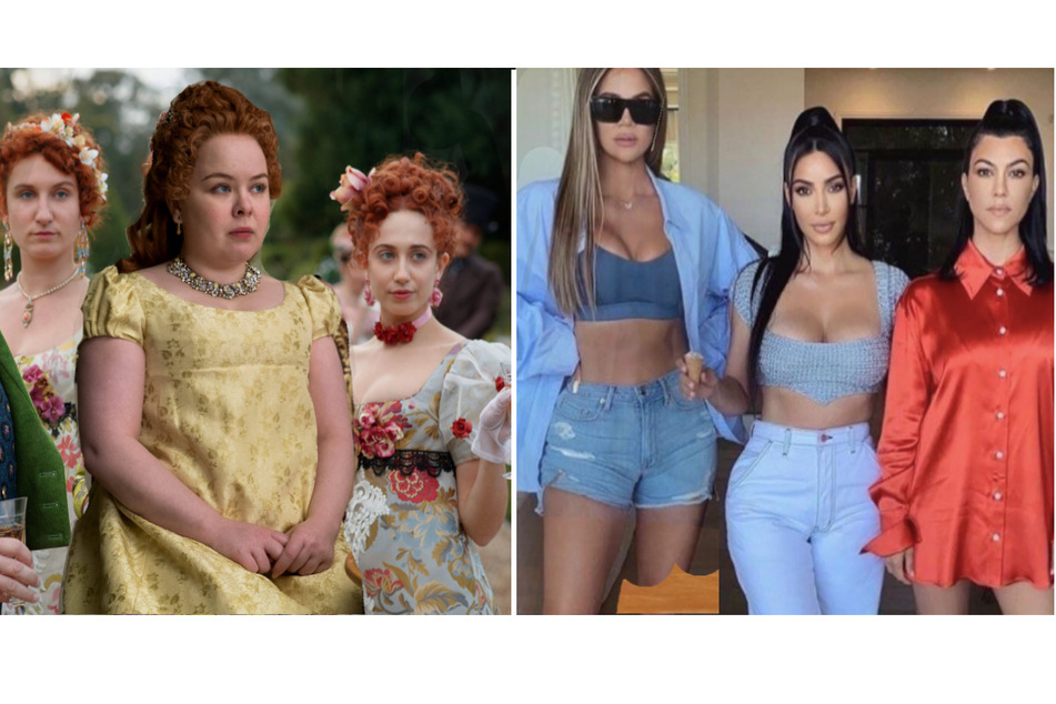 Bridgerton's Featherington sisters (r.) and the Kardashian sisters (l.).