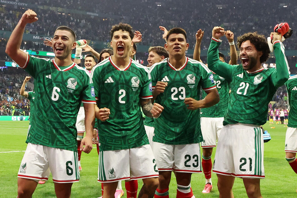 Mexico's Erik Lira, Jorge Sanchez, Jesus Gallardo, Cesar Huerta, and teammates celebrate after the match against Ecuador on June 30, 2026.