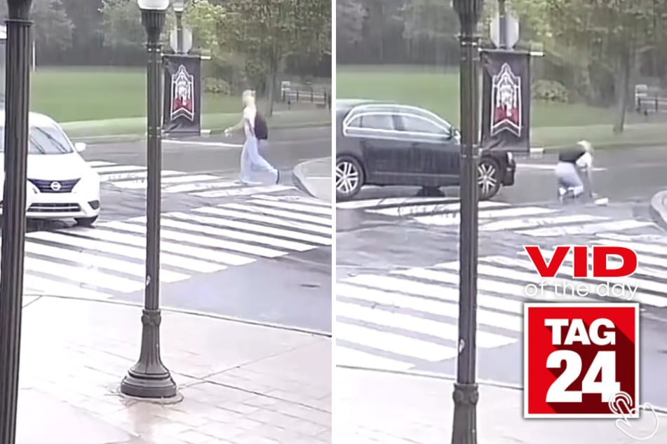A student named Annie was hit by a car while crossing the street on her university campus, sending her and her water bottle flying. Luckily, she walked away from the frightening incident uninjured.