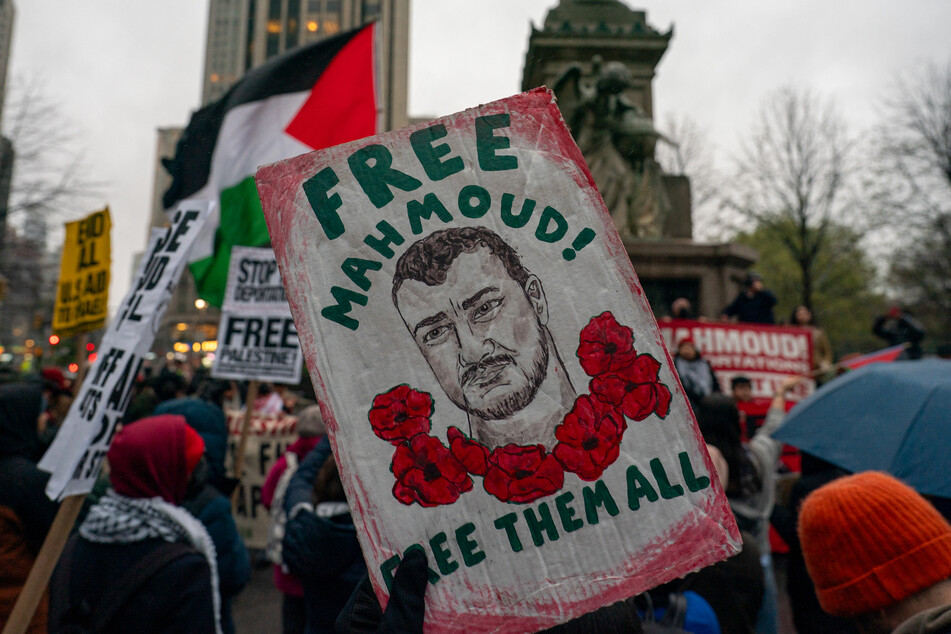 Demonstrators gather at Columbus Circle in New York City to demand the release of Mahmoud Khalil on April 12, 2025.