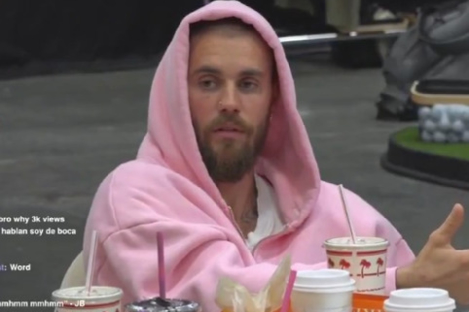 Justin Bieber wore an oversized pink hoodie during the livestream.