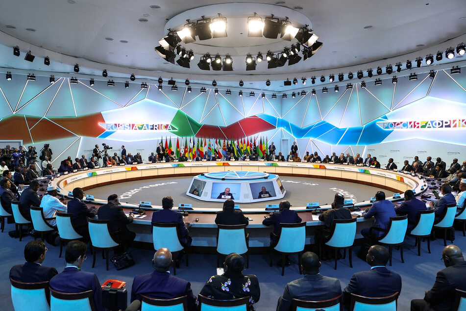 Russian President Vladimir Putin speaks at a session of the Russia-Africa summit in St. Petersburg.