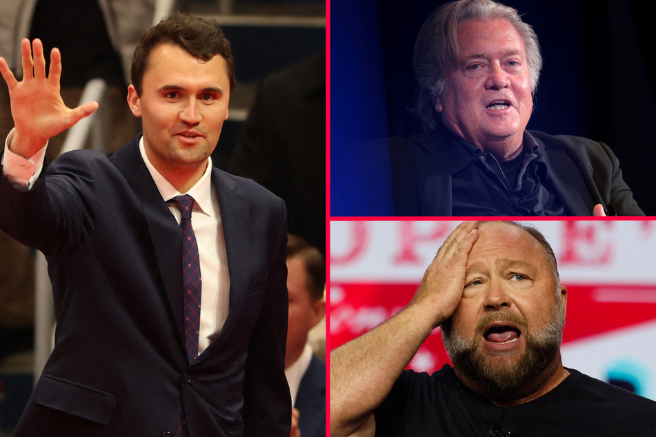 High-profile MAGA figures such as Steve Bannon (top r.) and Alex Jones (bottom r.) have responded to Charlie Kirk's assassination by declaring "war."