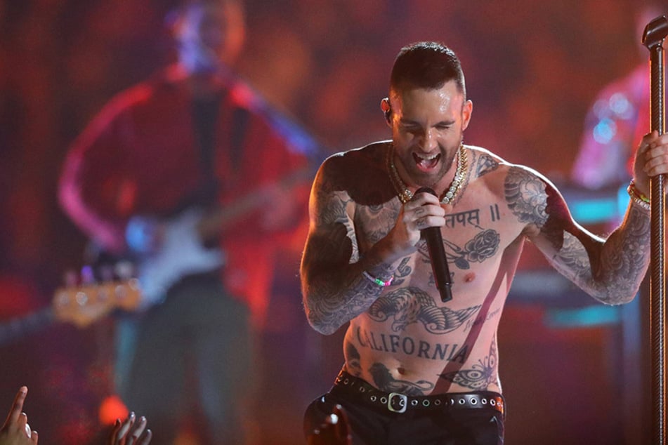 Adam Levine performs during the Super Bowl LIII Halftime Show on Sunday, February 3, 2019, at the Mercedes-Benz Stadium in Atlanta, Georgia.