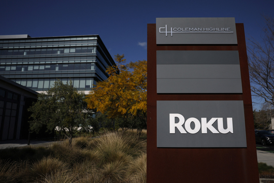 The Roku logo is displayed at Roku headquarters on February 12, 2026, in San Jose, California.
