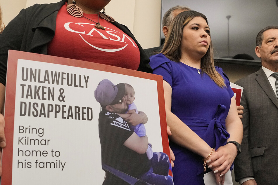 Jennifer Vasquez Sura, wife of Kilmar Abrego Garcia, looks on during a press conference with other family members, supporters, and members of the Congressional Hispanic Caucus in Washington DC on April 9, 2025.