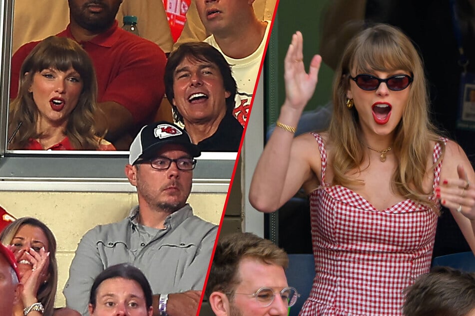 Taylor Swift (r) cheered on her husband Travis Kelce during the Kansas City Chiefs' season opener against the Denver Broncos.