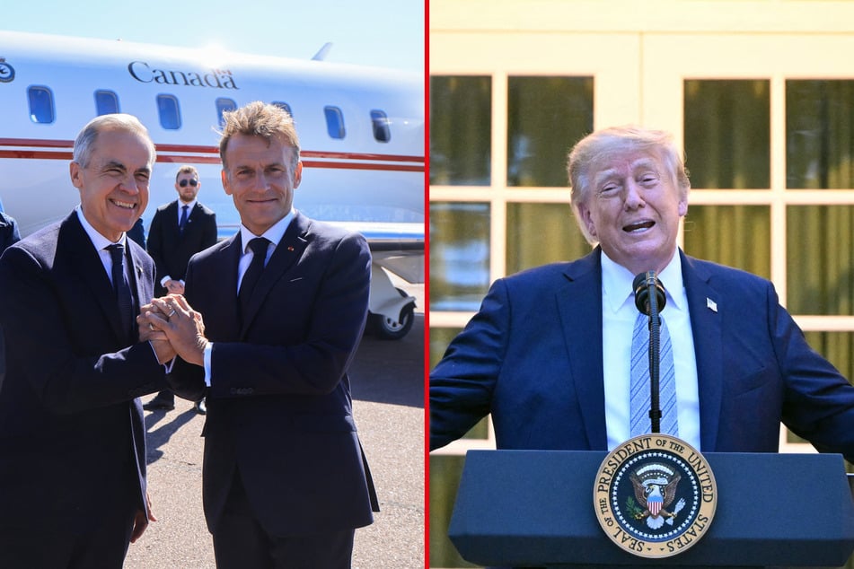France's President Emmanuel Macron (c. ) greets Canada’s Prime Minister Mark Carney (l.) upon arrival in Saint-Pierre on September 20. The meeting comes as tensions remain high between the two nations and the US. 