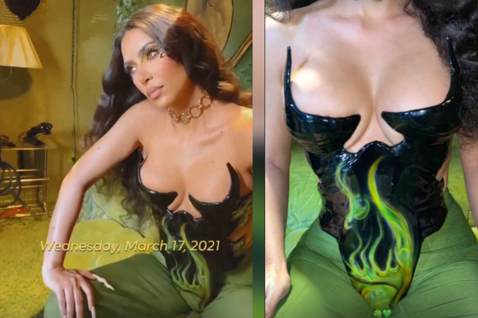 In her Instagram Stories, Kim Kardashian shared new shots of herself in a sexy black-and-green outfit (collage).