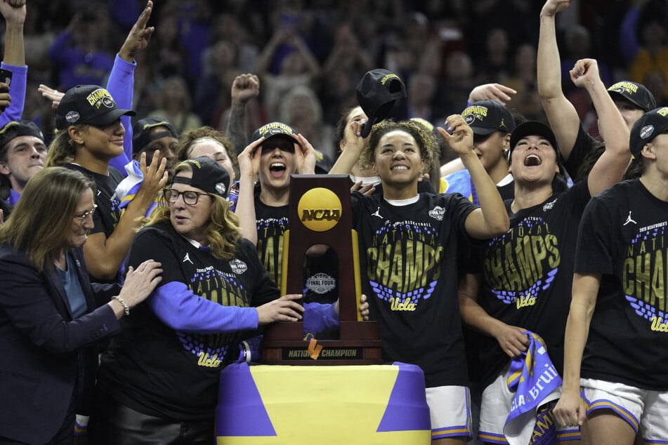 UCLA Bruins team members celebrate after defeating the South Carolina Gamecocks during the National Championship game of the women's 2026 NCAA Tournament on April 5, 2026.